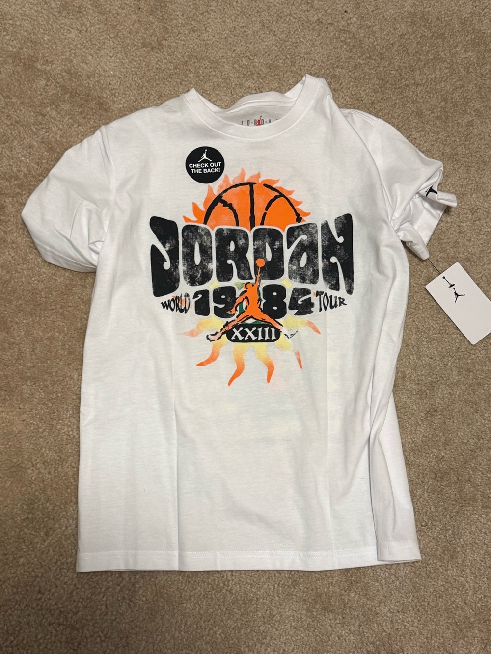 NWT kids Jordan White Tee with Orange & Black Basketball Graphic size 12/13